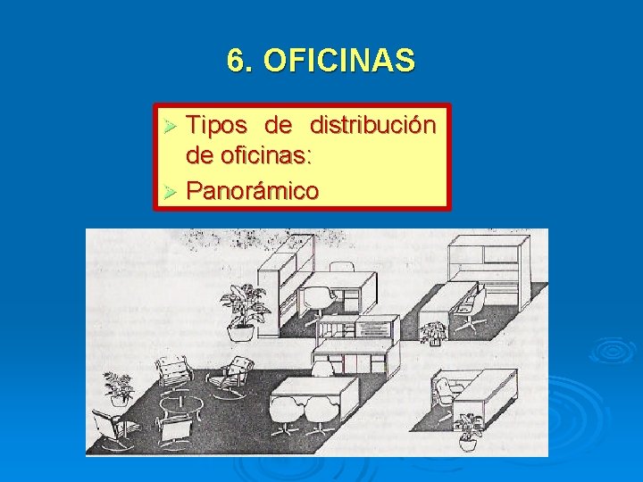 6. OFICINAS Tipos de distribución de oficinas: Panorámico 