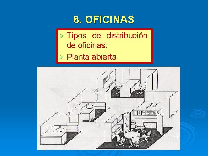 6. OFICINAS Tipos de distribución de oficinas: Planta abierta 