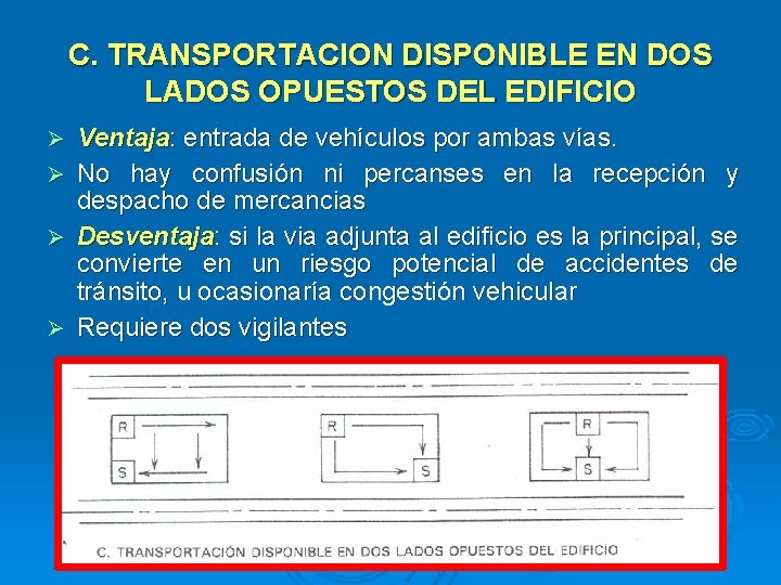 C. TRANSPORTACION DISPONIBLE EN DOS LADOS OPUESTOS DEL EDIFICIO Ventaja: entrada de vehículos por