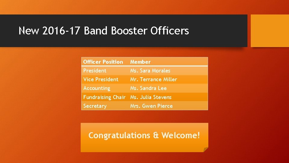 New 2016 -17 Band Booster Officers Officer Position Member President Ms. Sara Morales Vice