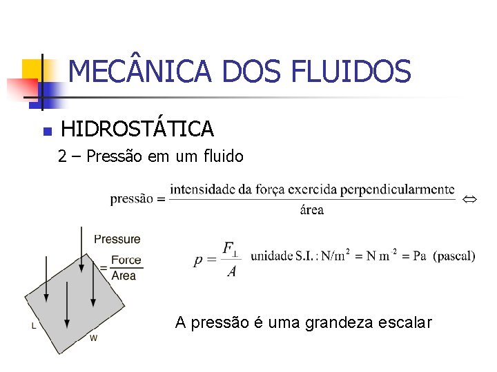 MEC NICA DOS FLUIDOS n HIDROSTÁTICA 2 – Pressão em um fluido A pressão