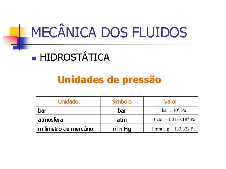 MEC NICA DOS FLUIDOS n HIDROSTÁTICA Unidades de pressão Unidade Símbolo bar atmosfera atm