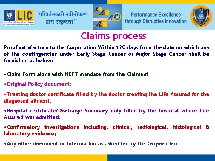 Claims process Proof satisfactory to the Corporation Within 120 days from the date on