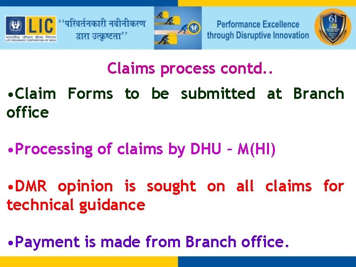 Claims process contd. . • Claim Forms to be submitted at Branch office •