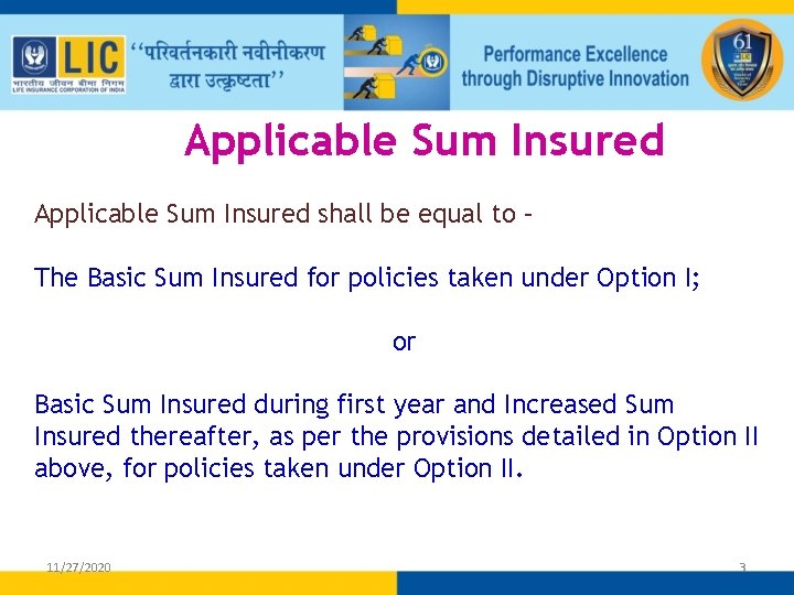 Applicable Sum Insured shall be equal to – The Basic Sum Insured for policies