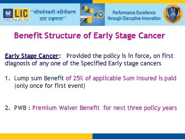 Benefit Structure of Early Stage Cancer: Provided the policy is in force, on first