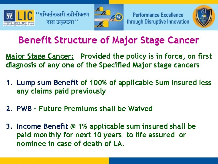 Benefit Structure of Major Stage Cancer: Provided the policy is in force, on first