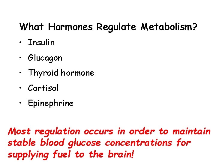What Hormones Regulate Metabolism? • Insulin • Glucagon • Thyroid hormone • Cortisol •
