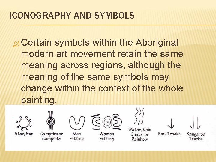 ICONOGRAPHY AND SYMBOLS Certain symbols within the Aboriginal modern art movement retain the same