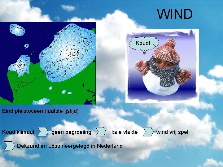 WIND Koud! Eind pleistoceen (laatste ijstijd) Koud klimaat geen begroeiing kale vlakte Dekzand en