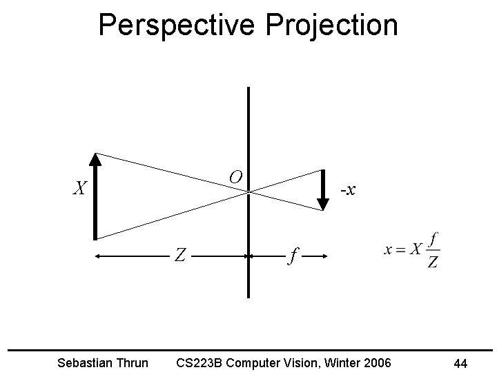 Perspective Projection O X Z Sebastian Thrun -x f CS 223 B Computer Vision,