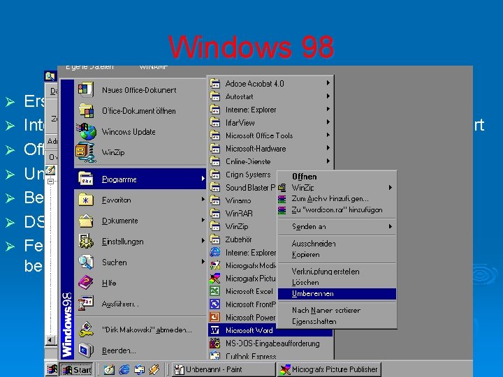 Windows 98 Ø Ø Ø Ø Erscheinungsdatum: 1998 Internet Explorer 4. 0 (später 5.