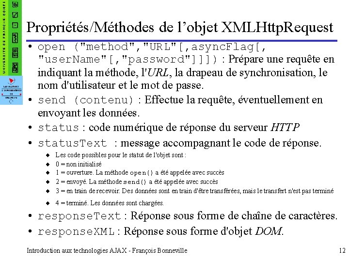 Propriétés/Méthodes de l’objet XMLHttp. Request • open ("method", "URL"[, async. Flag[, "user. Name"[, "password"]]])