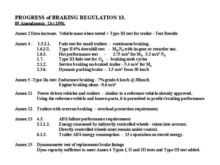 PROGRESS of BRAKING REGULATION 13. 09 Amendments Oct 1996. Annex 2 Data increase. Vehicle