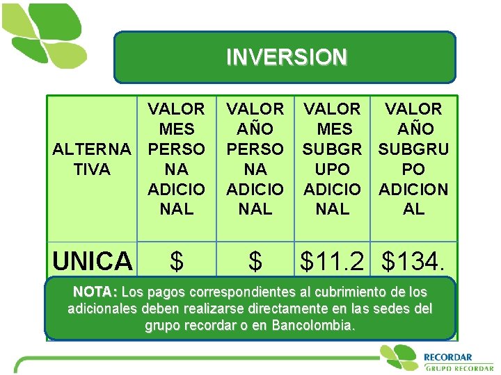 INVERSION VALOR MES ALTERNA PERSO TIVA NA ADICIO NAL UNICA VALOR AÑO PERSO NA