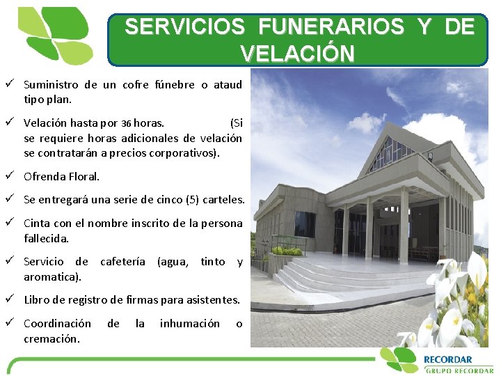 SERVICIOS FUNERARIOS Y DE VELACIÓN ü Suministro de un cofre fúnebre o ataud tipo