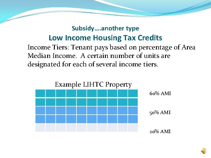 Subsidy…. another type Low Income Housing Tax Credits Income Tiers: Tenant pays based on