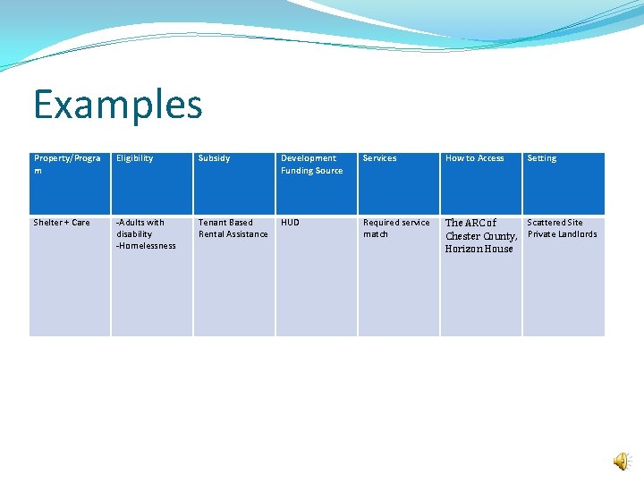 Examples Property/Progra m Eligibility Subsidy Development Funding Source Services How to Access Setting Shelter