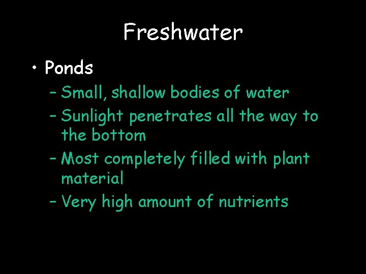 Freshwater • Ponds – Small, shallow bodies of water – Sunlight penetrates all the