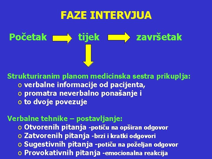 FAZE INTERVJUA Početak tijek završetak Strukturiranim planom medicinska sestra prikuplja: o verbalne informacije od