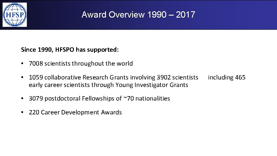 Award Overview 1990 – 2017 Since 1990, HFSPO has supported: • 7008 scientists throughout Award Overview 1990 – 2017 Since 1990, HFSPO has supported: • 7008 scientists throughout