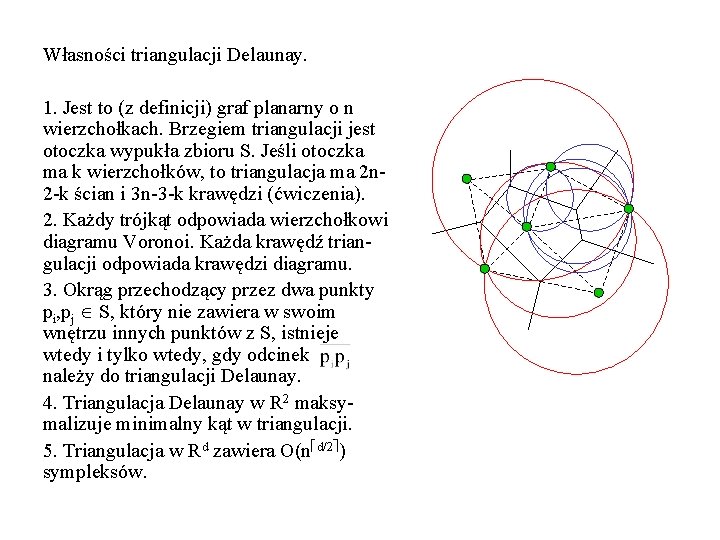 Własności triangulacji Delaunay. 1. Jest to (z definicji) graf planarny o n wierzchołkach. Brzegiem