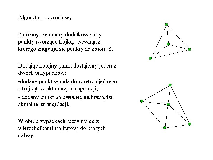 Algorytm przyrostowy. Załóżmy, że mamy dodatkowe trzy punkty tworzące trójkąt, wewnątrz którego znajdują się