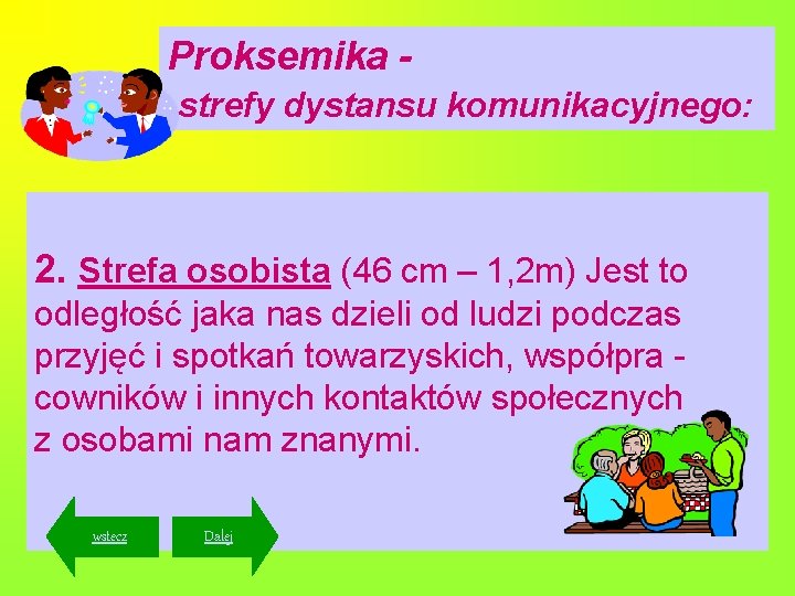 Proksemika strefy dystansu komunikacyjnego: 2. Strefa osobista (46 cm – 1, 2 m) Jest