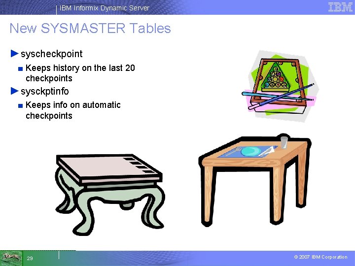 IBM Informix Dynamic Server New SYSMASTER Tables ►syscheckpoint ■ Keeps history on the last