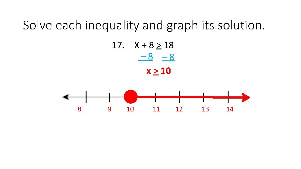 Solve each inequality and graph its solution. 17. X + 8 > 18 –