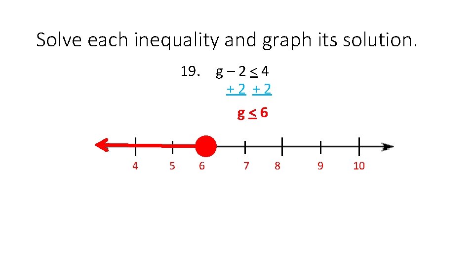 Solve each inequality and graph its solution. 19. g – 2 < 4 +