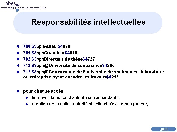 abes agence bibliographique de l’enseignement supérieur Responsabilités intellectuelles l l l 700 $3 ppn.