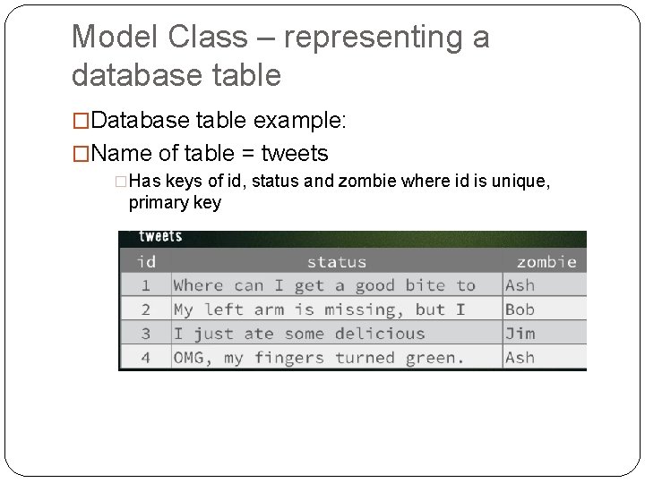 Model Class – representing a database table �Database table example: �Name of table = Model Class – representing a database table �Database table example: �Name of table =