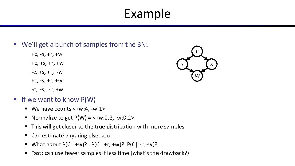 Example § We’ll get a bunch of samples from the BN: +c, -s, +r, Example § We’ll get a bunch of samples from the BN: +c, -s, +r,