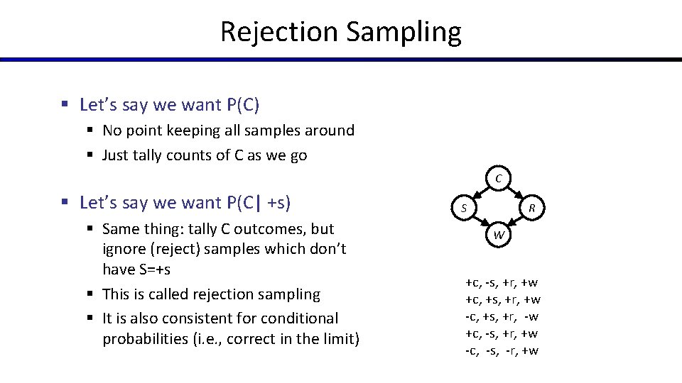 Rejection Sampling § Let’s say we want P(C) § No point keeping all samples Rejection Sampling § Let’s say we want P(C) § No point keeping all samples