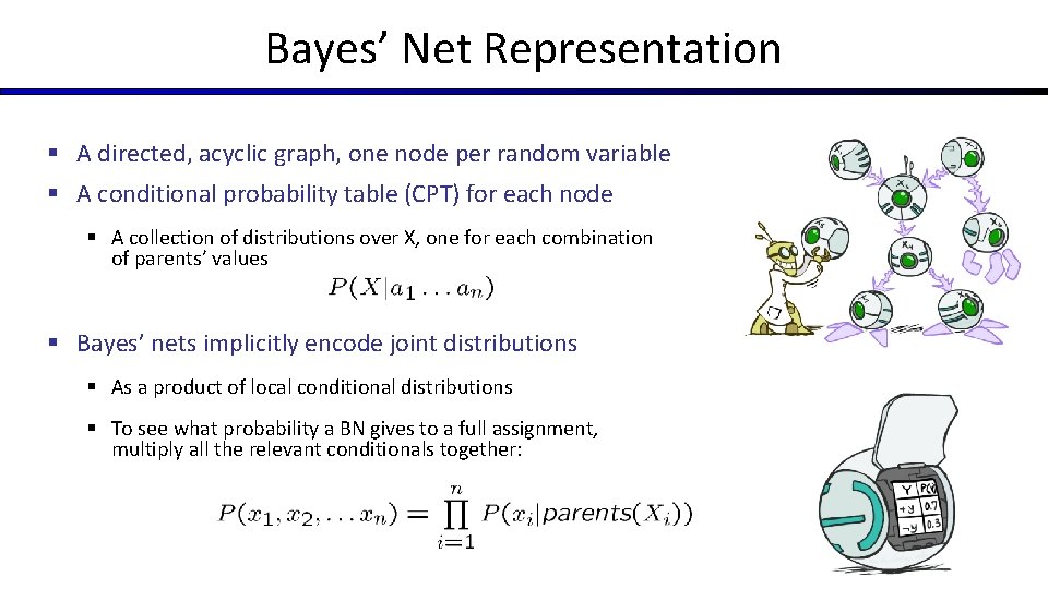 Bayes’ Net Representation § A directed, acyclic graph, one node per random variable § Bayes’ Net Representation § A directed, acyclic graph, one node per random variable §