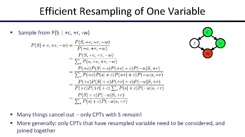Efficient Resampling of One Variable § Sample from P(S | +c, +r, -w) C Efficient Resampling of One Variable § Sample from P(S | +c, +r, -w) C