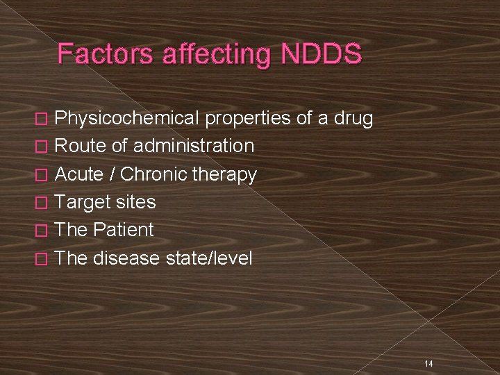 Factors affecting NDDS Physicochemical properties of a drug � Route of administration � Acute