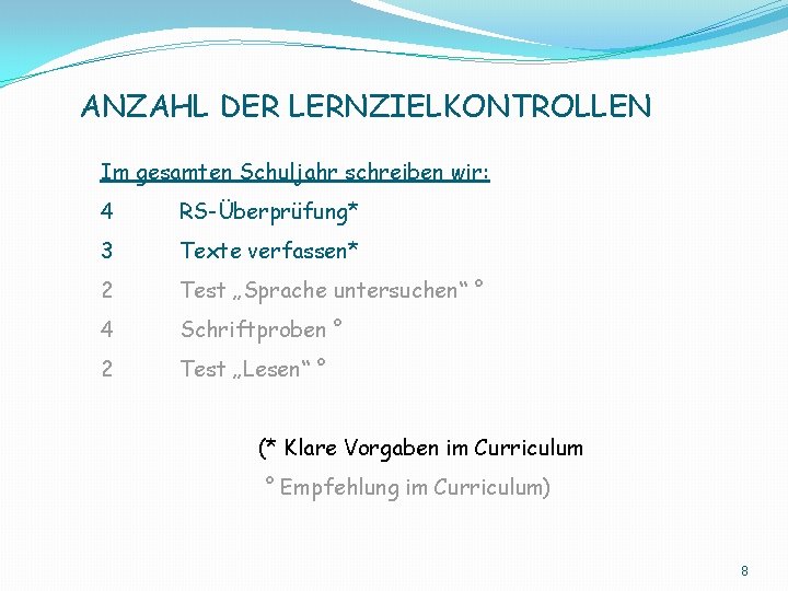 ANZAHL DER LERNZIELKONTROLLEN Im gesamten Schuljahr schreiben wir: 4 RS-Überprüfung* 3 Texte verfassen* 2