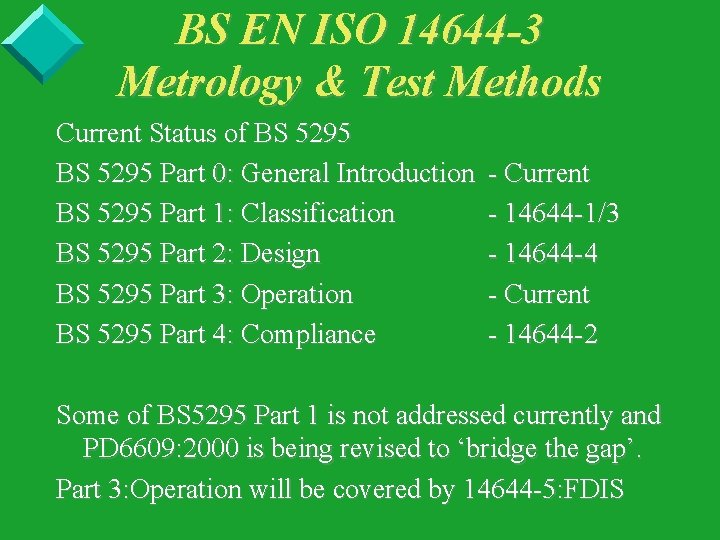 BS EN ISO 14644 -3 Metrology & Test Methods Current Status of BS 5295