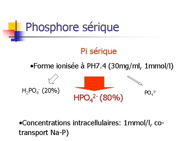 Phosphore sérique Pi sérique • Forme ionisée à PH 7. 4 (30 mg/ml, 1