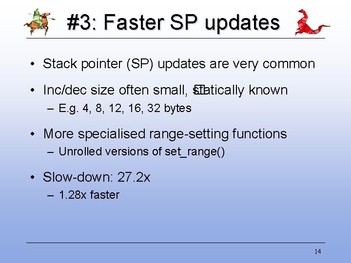 #3: Faster SP updates • Stack pointer (SP) updates are very common • Inc/dec