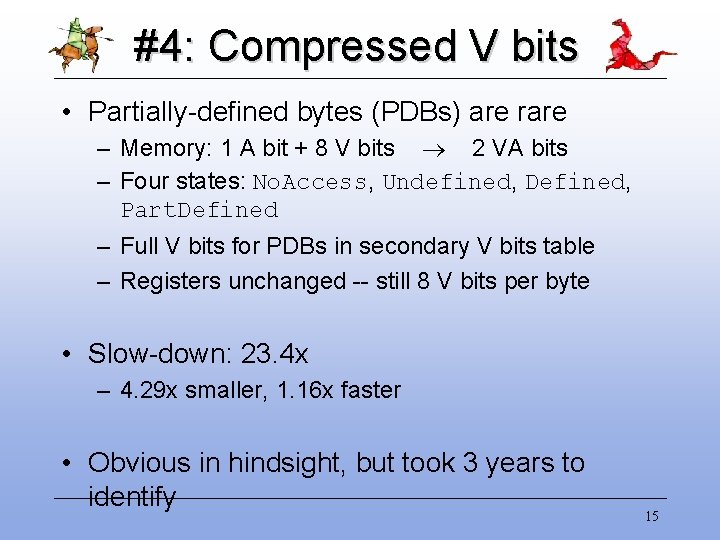 #4: Compressed V bits • Partially-defined bytes (PDBs) are rare – Memory: 1 A