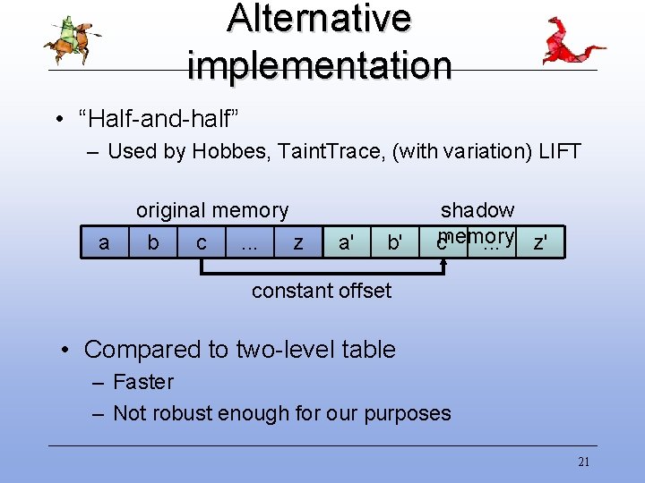 Alternative implementation • “Half-and-half” – Used by Hobbes, Taint. Trace, (with variation) LIFT a