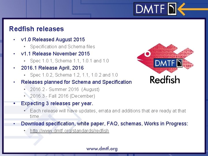 Redfish releases • v 1. 0 Released August 2015 • Specification and Schema files