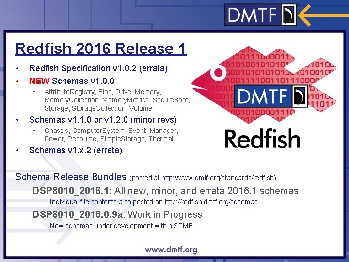 Redfish 2016 Release 1 • • Redfish Specification v 1. 0. 2 (errata) NEW