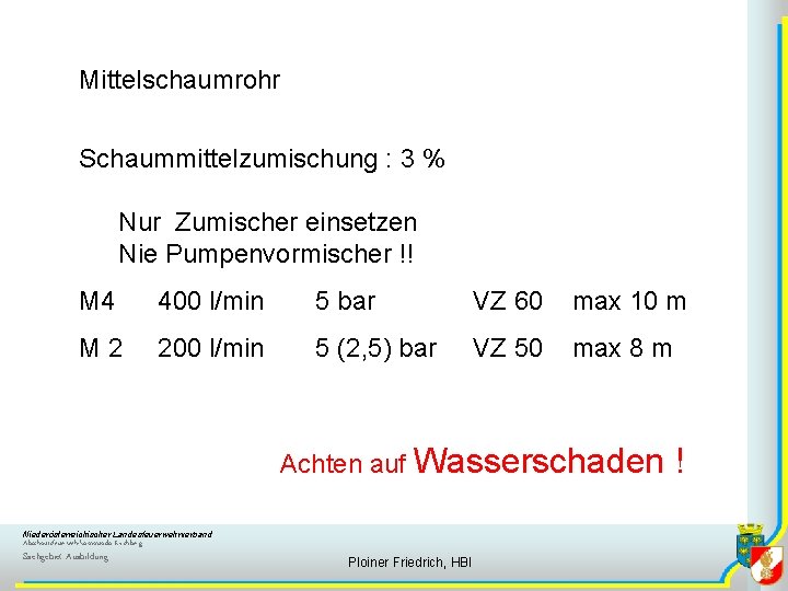 Mittelschaumrohr Schaummittelzumischung : 3 % Nur Zumischer einsetzen Nie Pumpenvormischer !! M 4 400