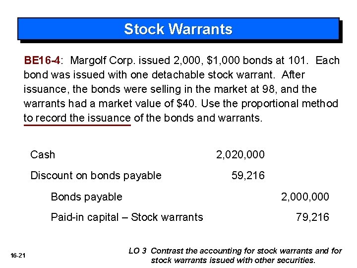 Stock Warrants BE 16 -4: Margolf Corp. issued 2, 000, $1, 000 bonds at