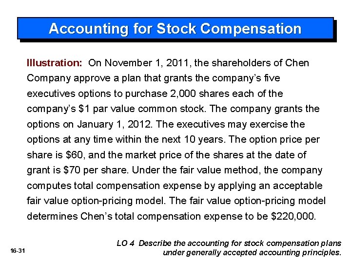 Accounting for Stock Compensation Illustration: On November 1, 2011, the shareholders of Chen Company