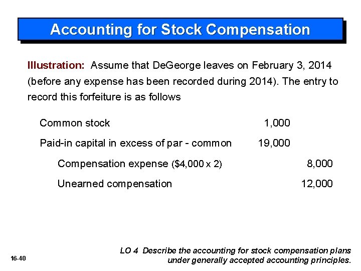 Accounting for Stock Compensation Illustration: Assume that De. George leaves on February 3, 2014
